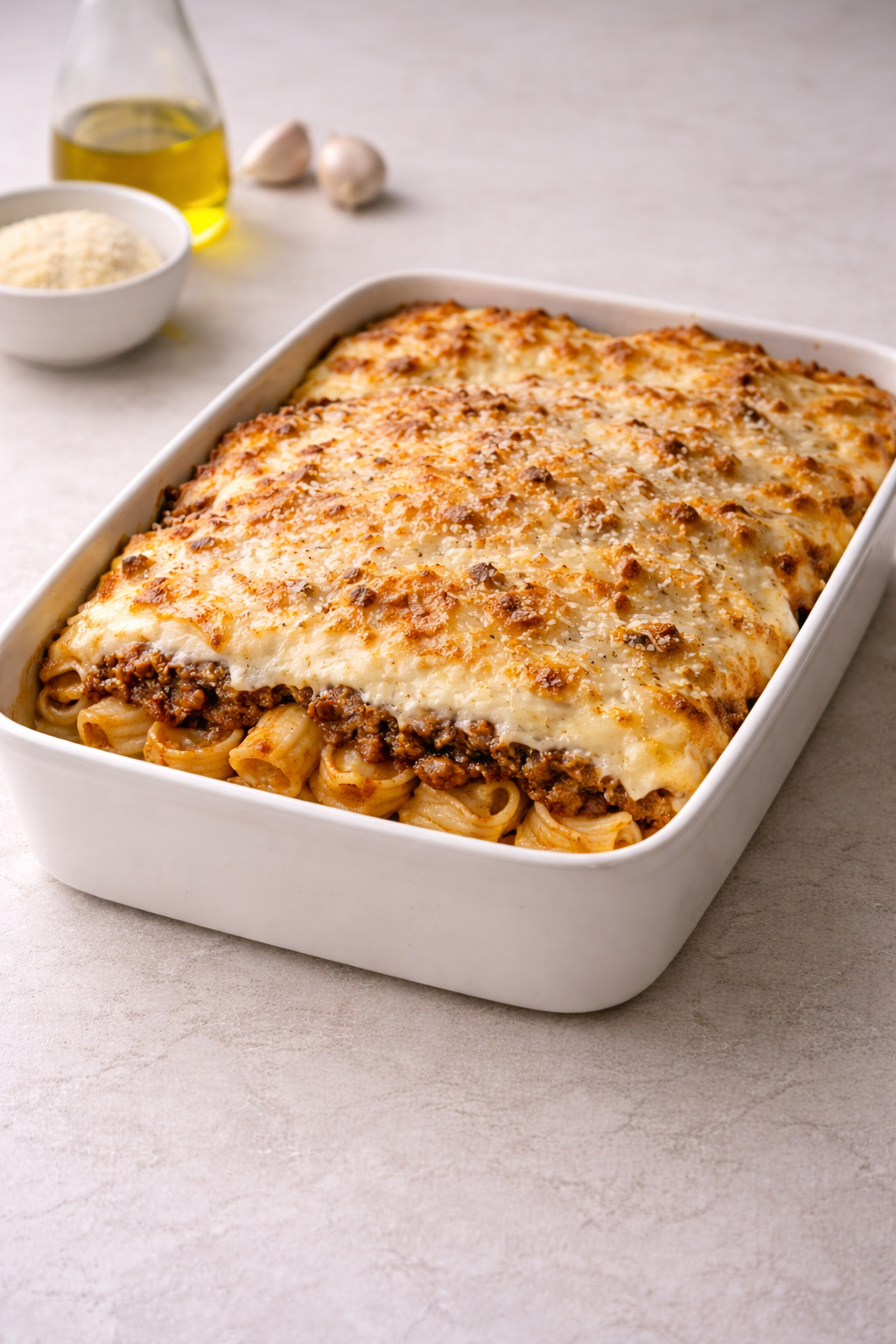 Greek-inspired baked pasta with spiced meat sauce and creamy topping served in a home kitchen