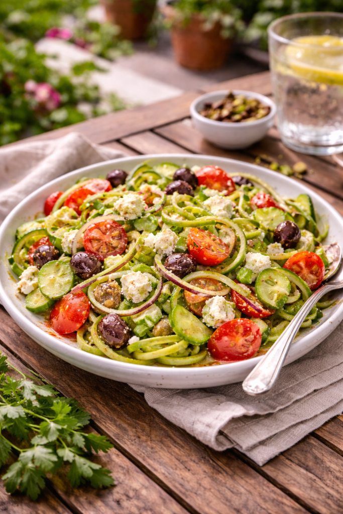 Greek-style zucchini noodle salad with feta tomatoes and olives