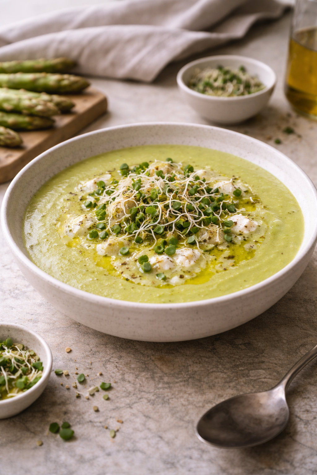 Smooth green asparagus soup topped with fresh sprouts and a drizzle of olive oil, photographed in natural daylight.