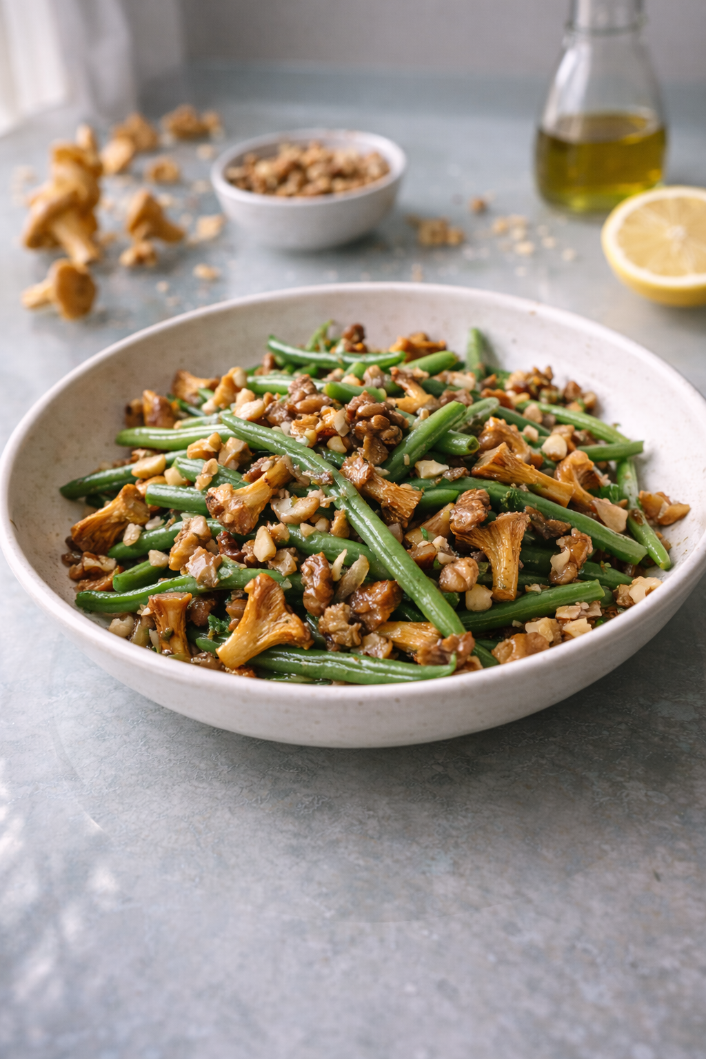 Green beans with chanterelle mushrooms and walnuts served in a simple home kitchen setting