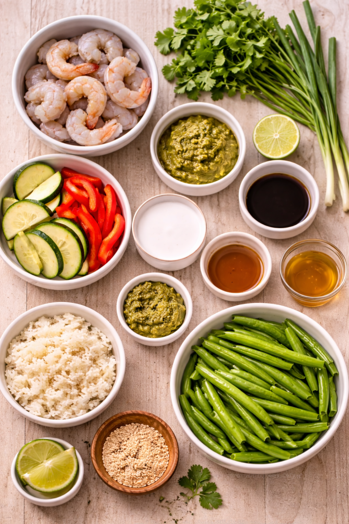 ingredients for shrimp green curry including shrimp, coconut milk, curry paste, green beans, zucchini and herbs on a wooden table