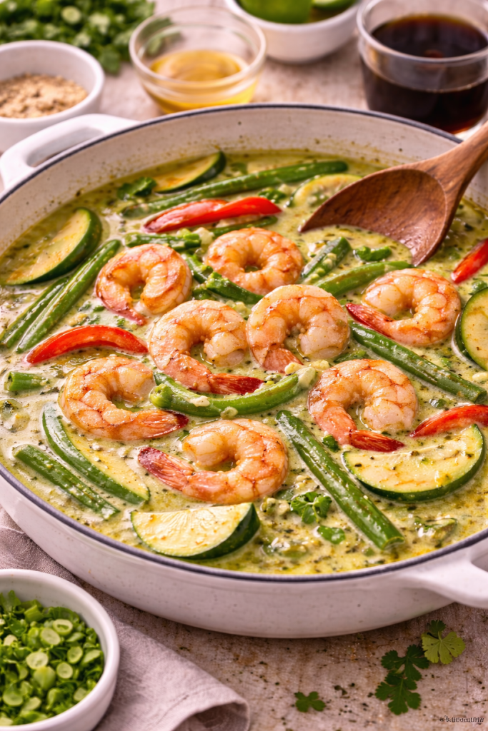 shrimp and vegetables simmering in coconut green curry sauce in a pan