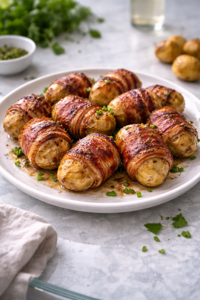 Grilled baby potatoes wrapped in bacon served on a simple plate outdoors
