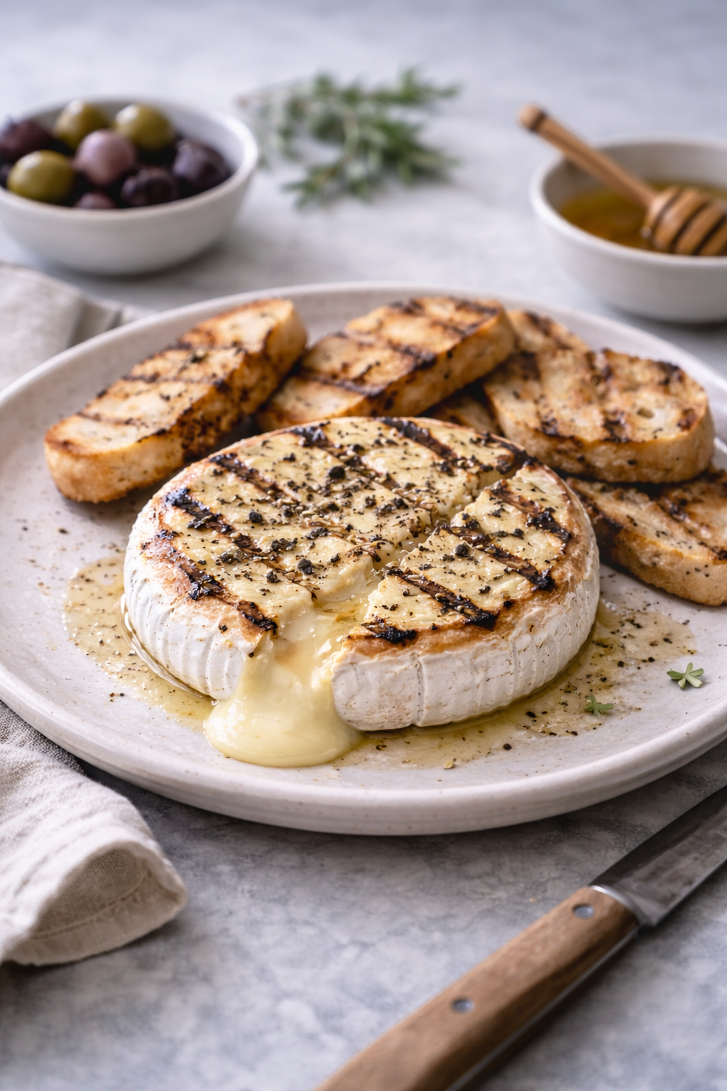 Grilled camembert cheese served warm on a plate, ready to eatGrilled camembert cheese served warm on a plate, ready to eat