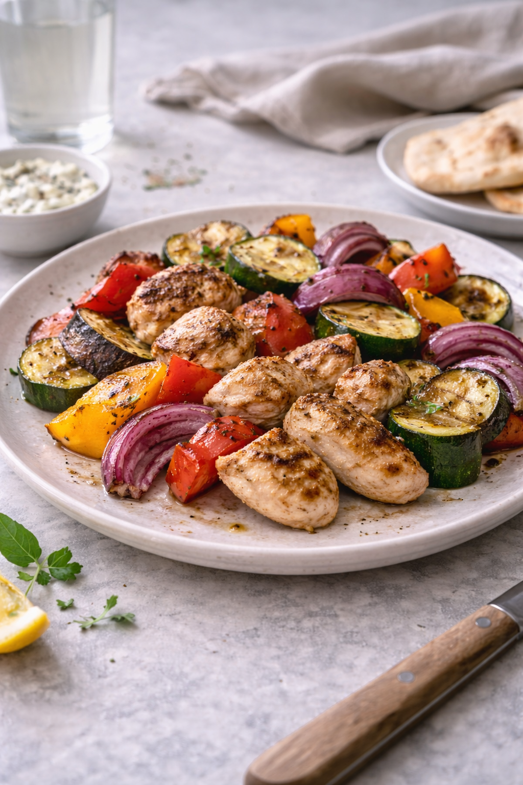 Grilled chicken with mixed vegetables served on a plate, ready to eat