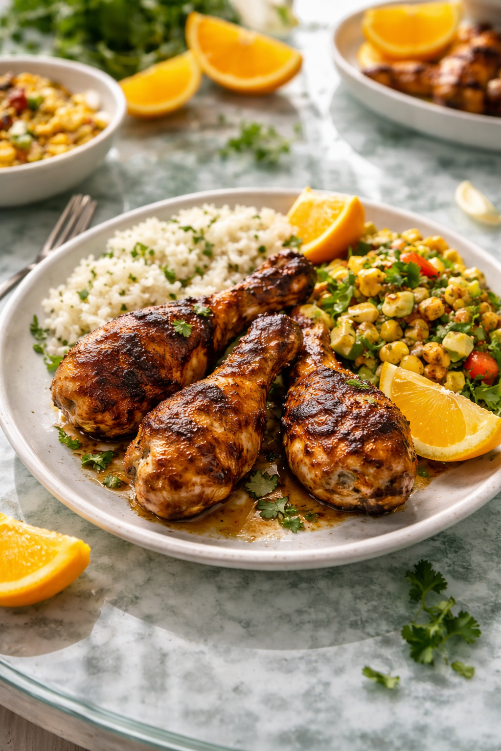 Grilled chicken drumsticks marinated in orange juice with caramelized skin on a backyard grill
