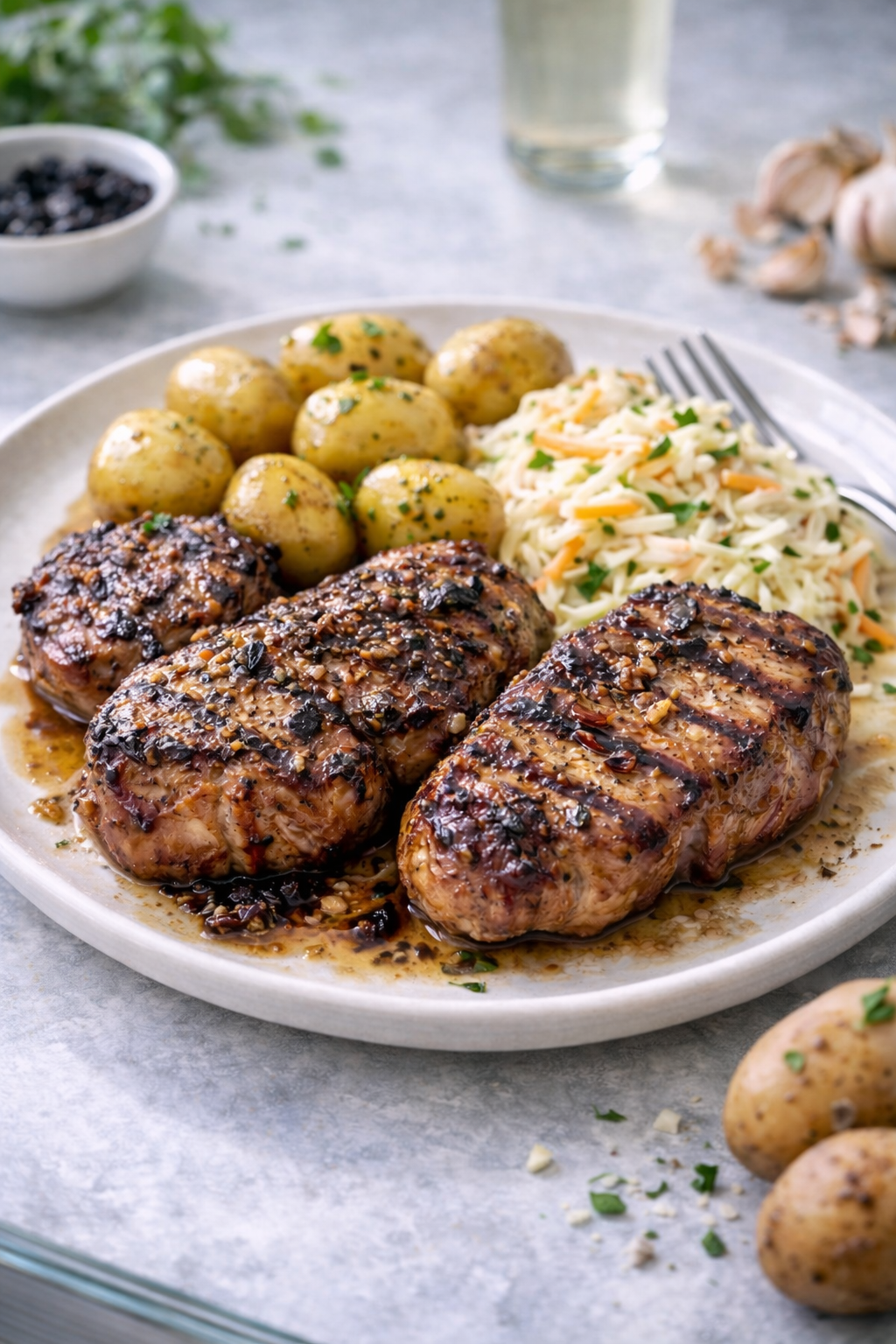 Grilled pork neck steaks with garlic and plum marinade served on a rustic plate