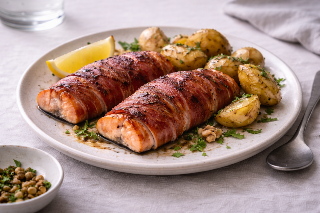 Grilled salmon trout wrapped in Black Forest ham served on a ceramic plate