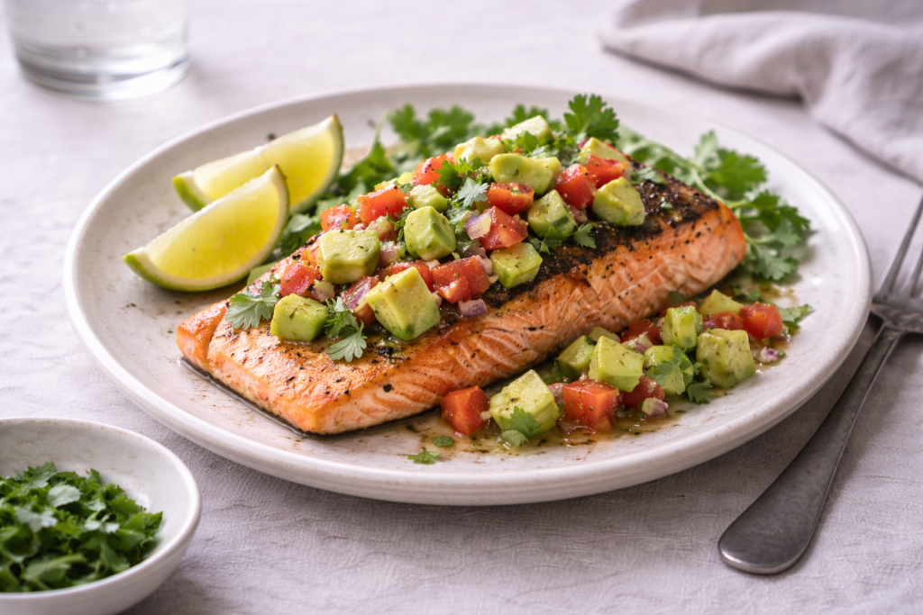Grilled salmon fillet topped with fresh avocado salsa, served on a ceramic plate in natural daylight.