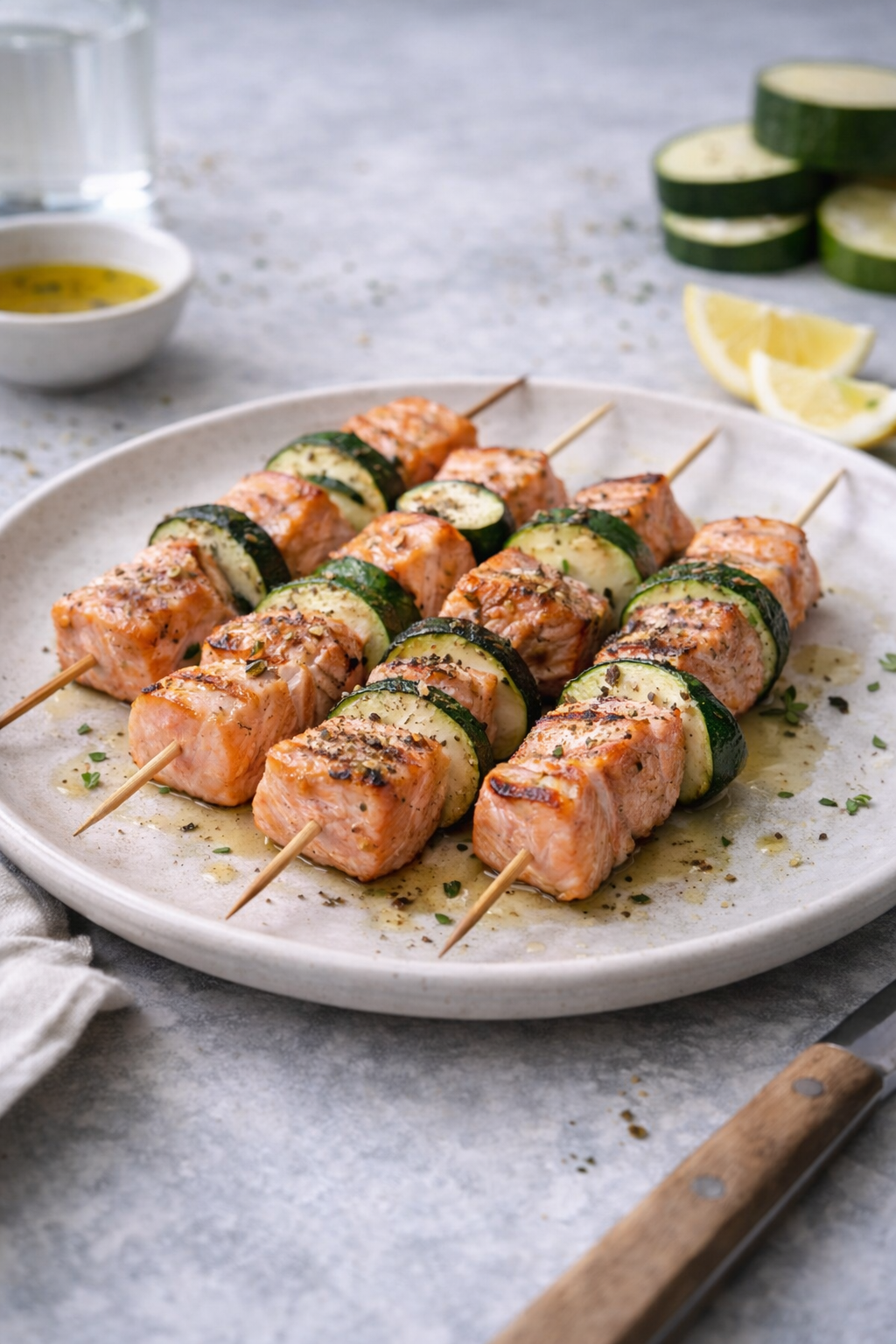 Grilled salmon and zucchini skewers served on a simple plate in natural light