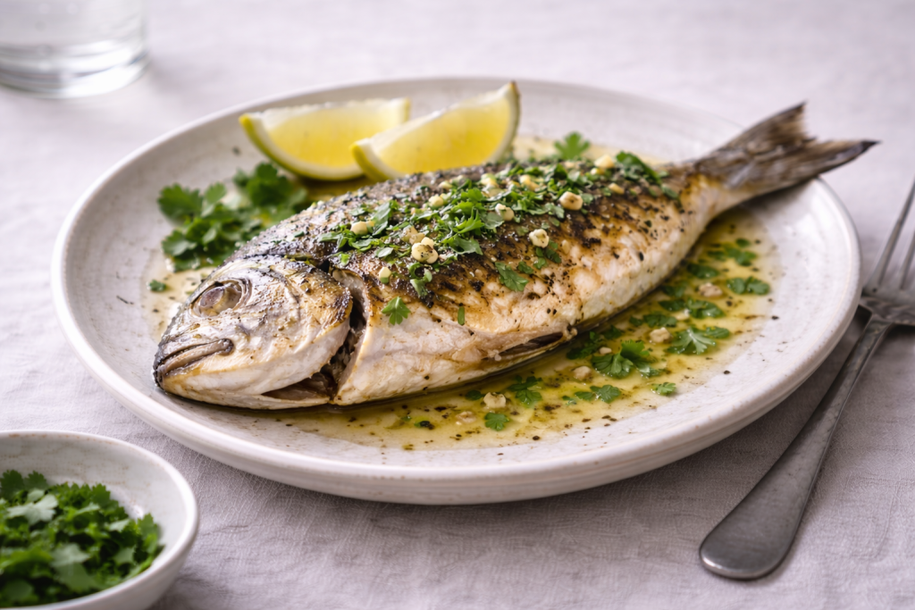 Whole grilled sea bream served with lemon sauce on a ceramic plate in natural daylight.