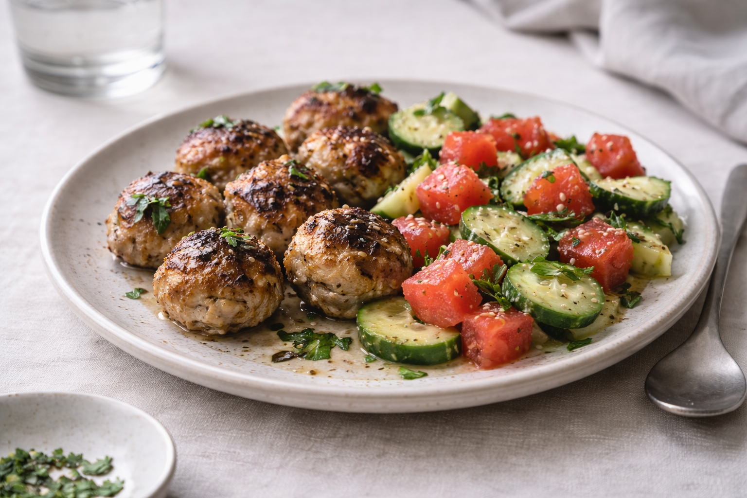 Grilled shrimp and pork meatballs served with a fresh watermelon and cucumber salad