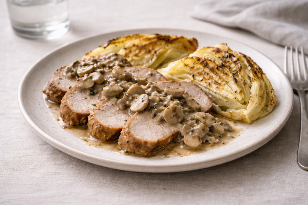 Herb-roasted pork loin served with baked cabbage and mushroom sauce on a ceramic plate