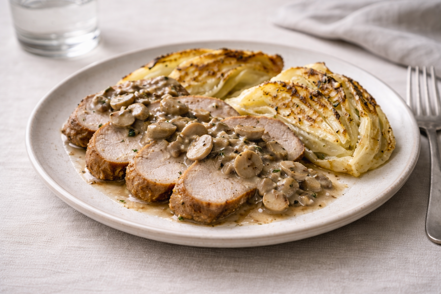 Herb-roasted pork loin served with baked cabbage and mushroom sauce on a ceramic plate