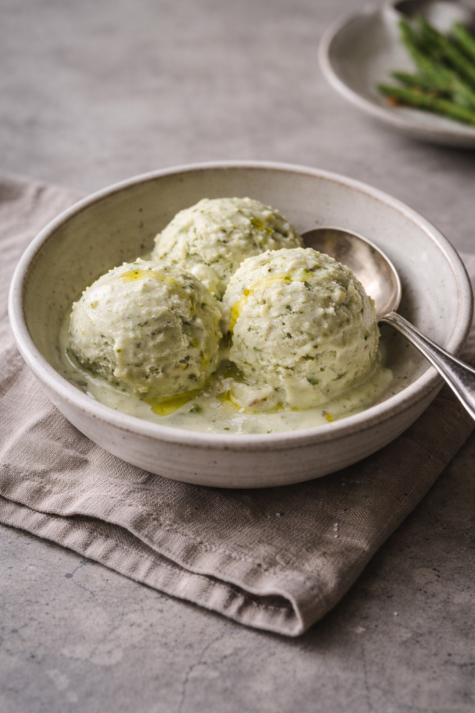 Homemade creamy asparagus ice cream served in a bowl as a unique make-ahead dessert