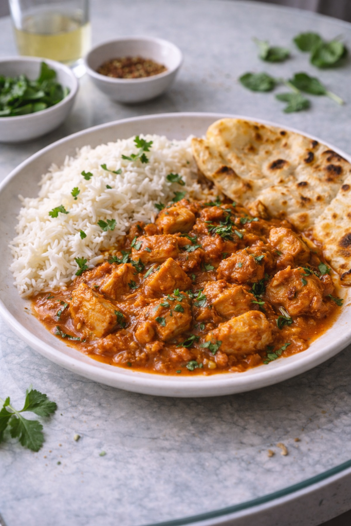 Indian-style chicken cooked in a spiced tomato and yogurt sauce