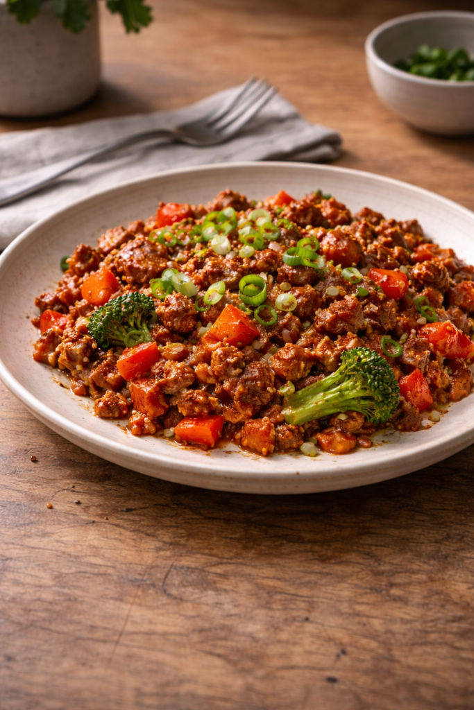 Quick Jamaican-style spiced beef skillet made from canned corned beef for a fast, budget-friendly dinner.