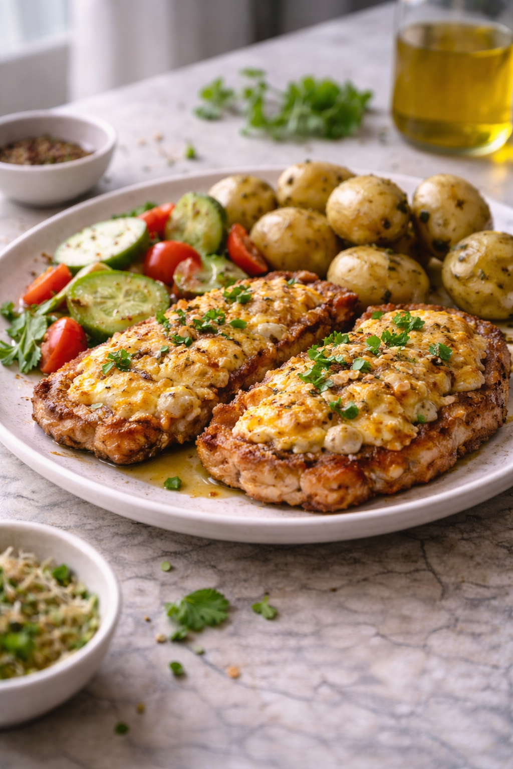 Juicy French-style pork cutlets with egg and cheese topping served on a plate in natural daylight.