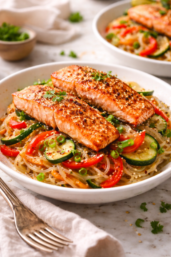 Konjac noodles with vegetables topped with air fryer salmon
