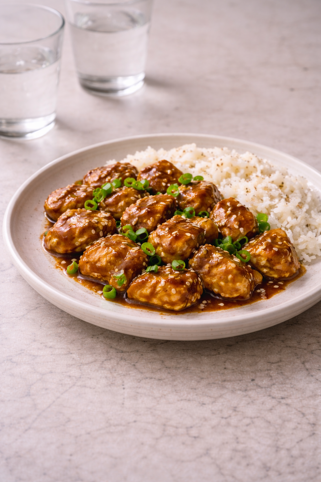 Korean-style chicken coated in a sticky chili glaze with sesame seeds and spring onions, served in natural daylight.