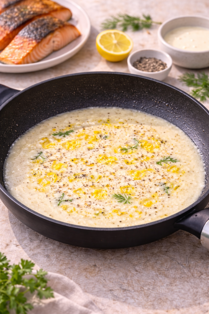 lemon cream sauce simmering in a skillet while preparing pan seared salmon with lemon cream sauce