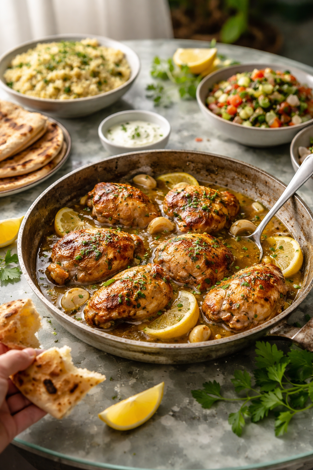 Juicy lemon garlic chicken simmered in a spiced citrus sauce, served straight from the pan