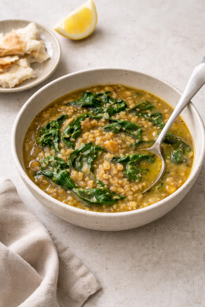One-pot lentil and spinach soup in a simple bowl with a neutral background
