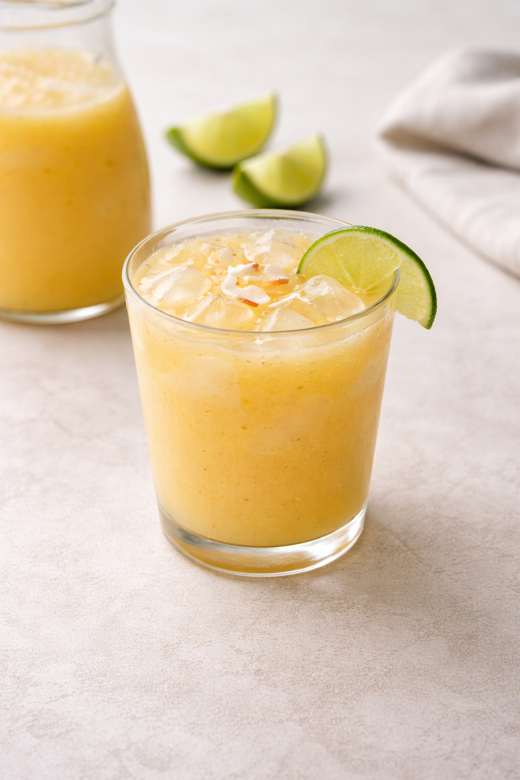 Mango and coconut fresh drink served in a clear glass with ice, minimal styling and natural daylight