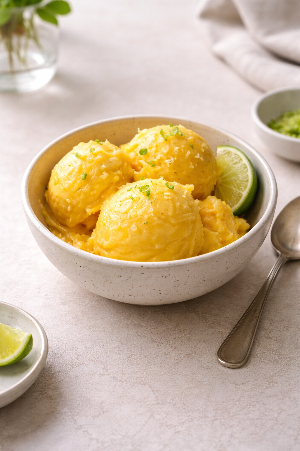 Homemade mango ice with fresh lime juice served in a simple bowl, photographed in natural daylight
