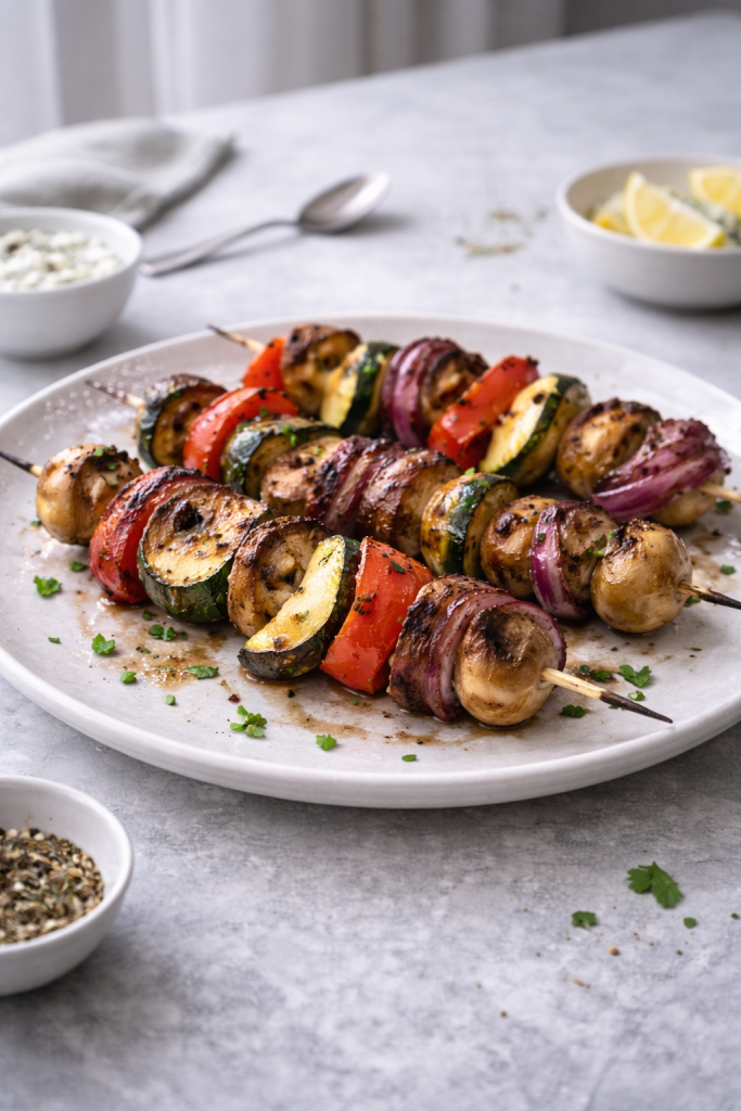 Marinated grilled vegetable skewers with charred peppers, zucchini, and mushrooms on a plate