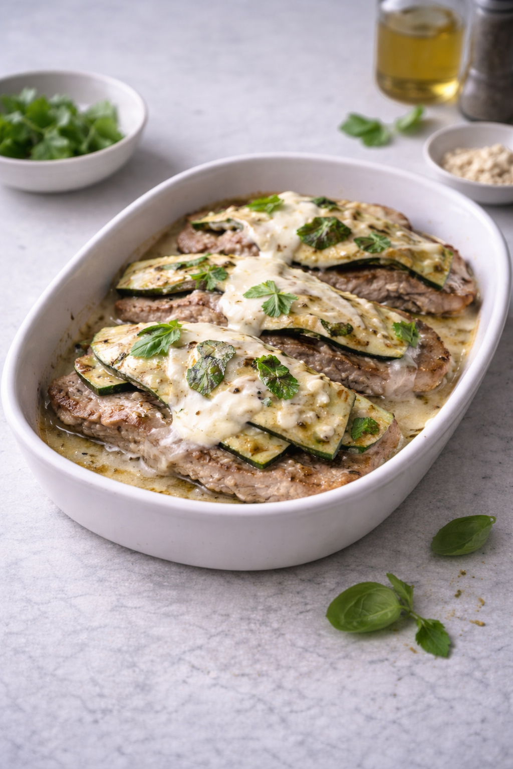 Juicy marinated pork loin topped with melted mozzarella and grilled zucchini