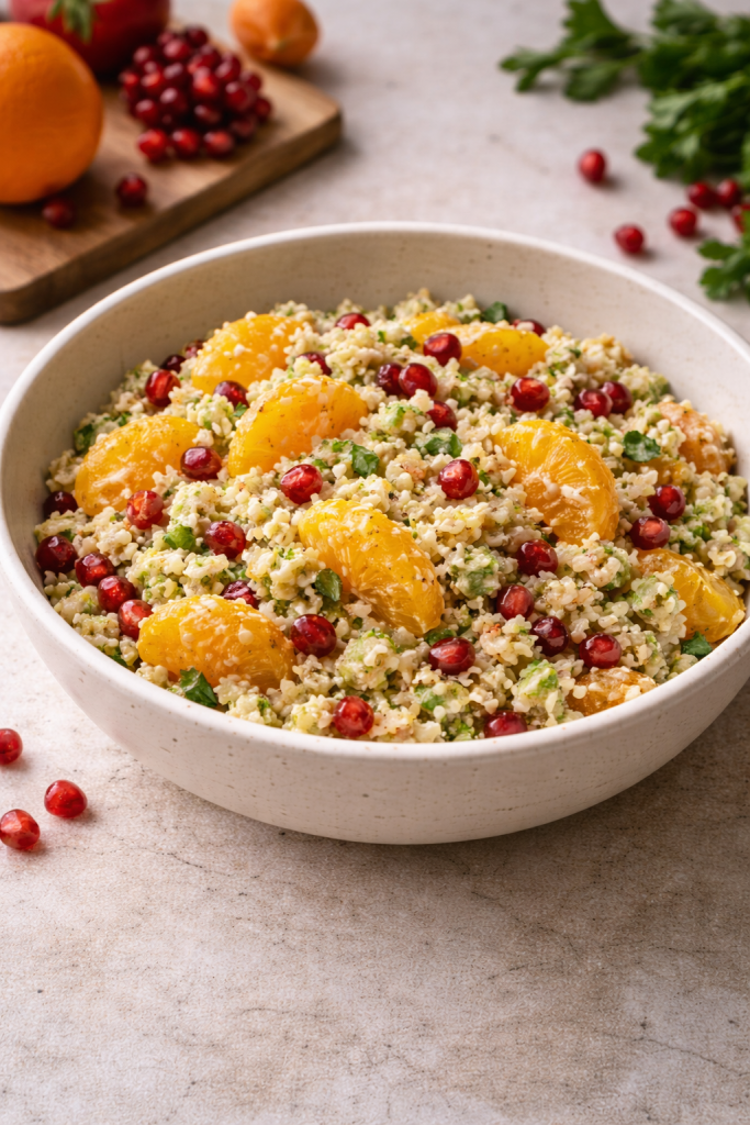 Millet salad with mandarin segments and pomegranate seeds in a simple bowl