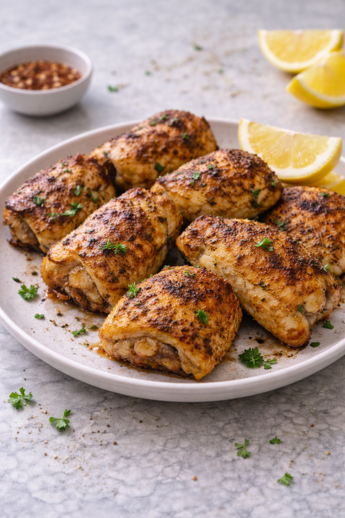 Minimal effort air fryer chicken served hot on a plate