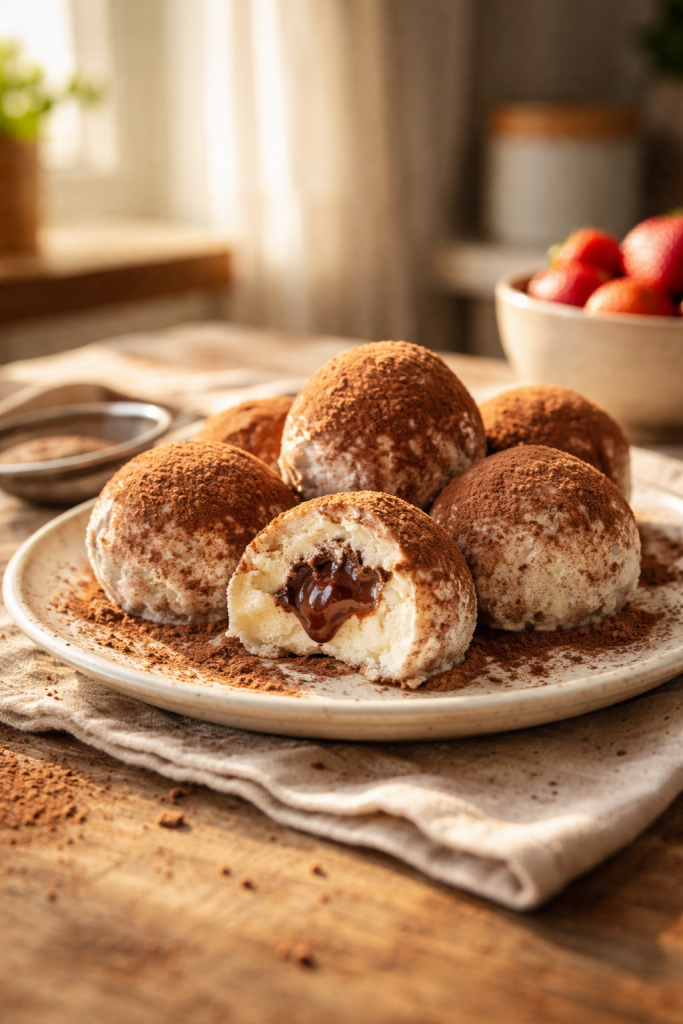No-bake ice cream surprise balls coated in cocoa powder for easy freezer dessert