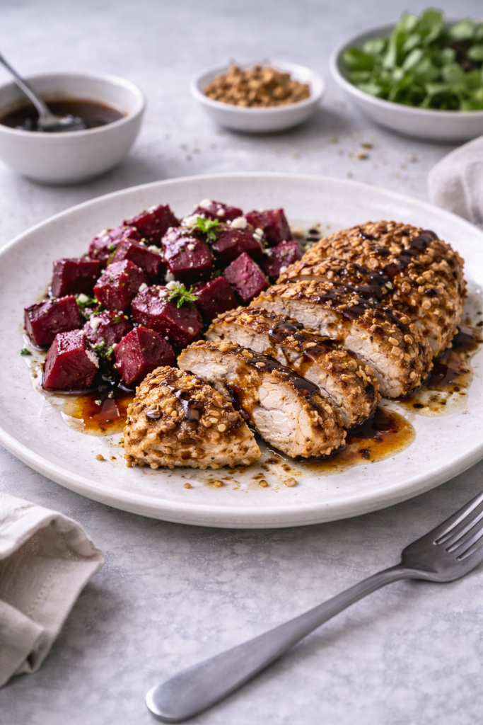 Nut-crusted chicken breast with balsamic sauce and beet salad served on a plate
