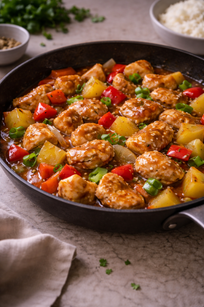 Sweet and sour chicken cooked in one pan with bell peppers and pineapple, photographed in natural daylight.