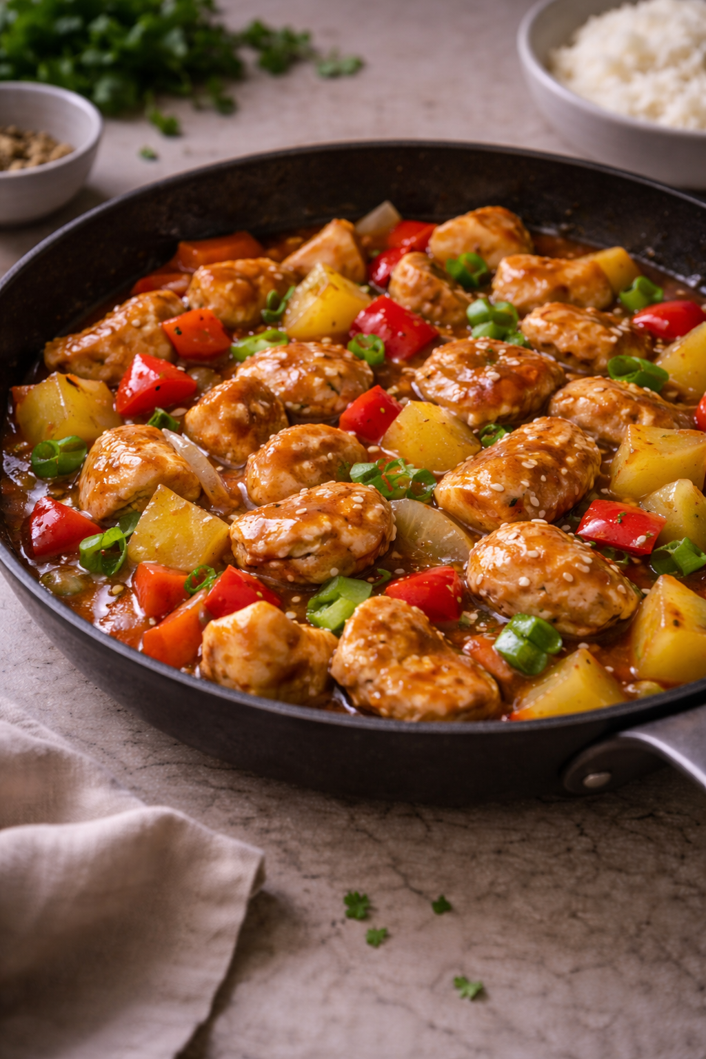Sweet and sour chicken cooked in one pan with bell peppers and pineapple, photographed in natural daylight.
