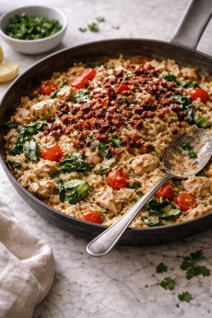 One-pot chicken risoni topped with crispy salami crumbs in a skillet
