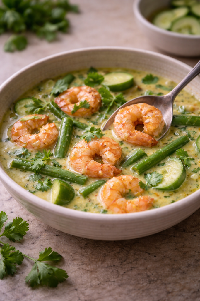 Green curry with shrimp simmered in coconut milk with vegetables, served in a bowl under natural daylight.