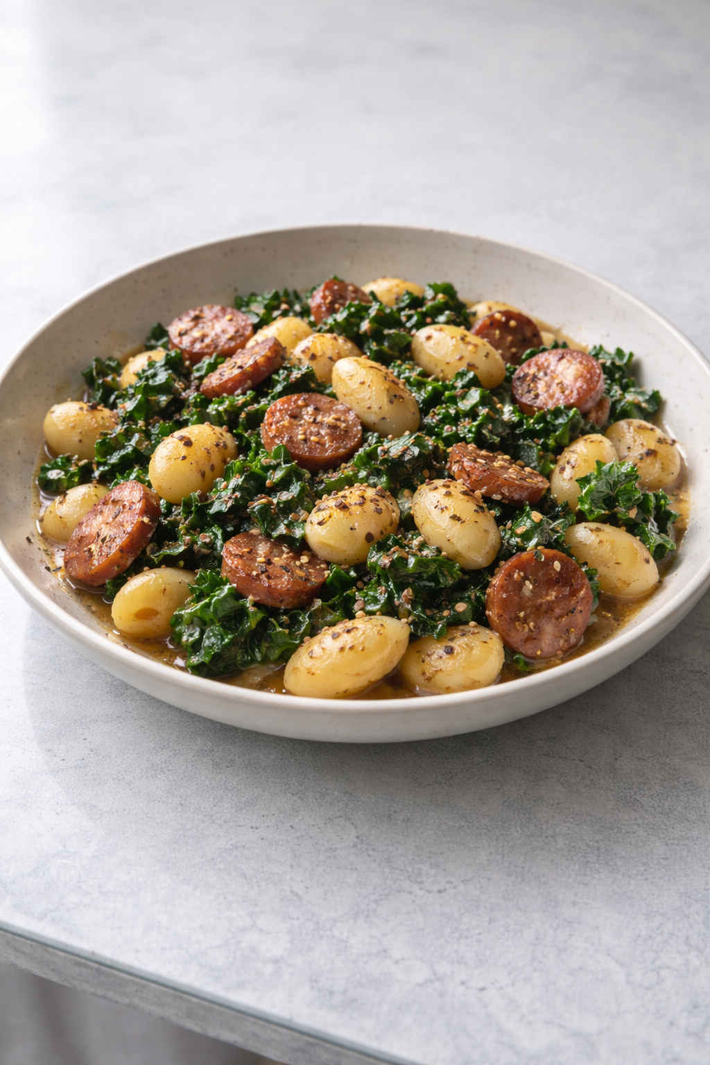 One-pot sausage and kale gnocchi cooked for a fast, filling dinner that saves time and dishes on busy days.