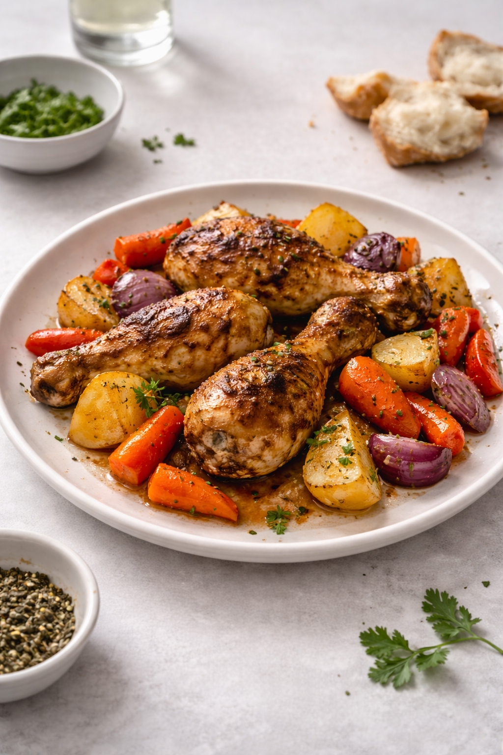 One tray roasted chicken with potatoes, carrots, and vegetables served straight from the baking pan
