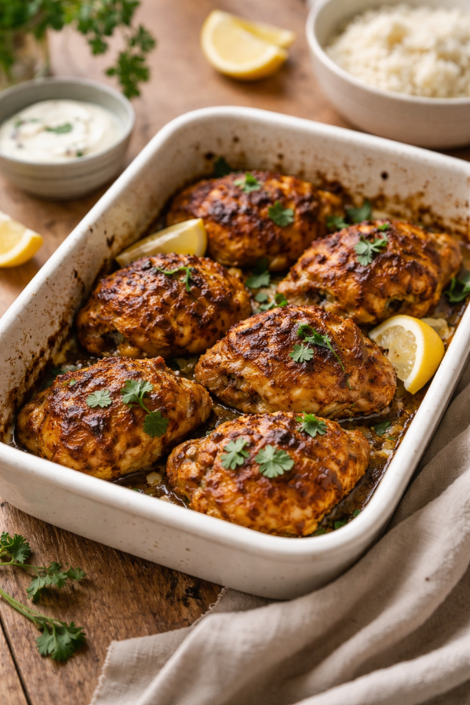 Oven baked spiced yogurt chicken thighs with golden crust served in a baking dish