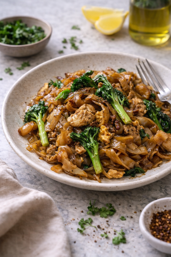 Thai-style wide rice noodles stir-fried with soy sauce and greens