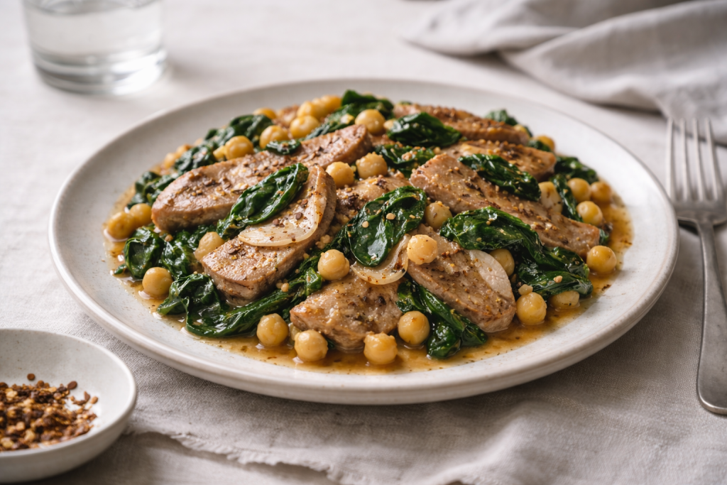 Pan-fried pork with garlic, spinach, and chickpeas served on a simple ceramic plate
