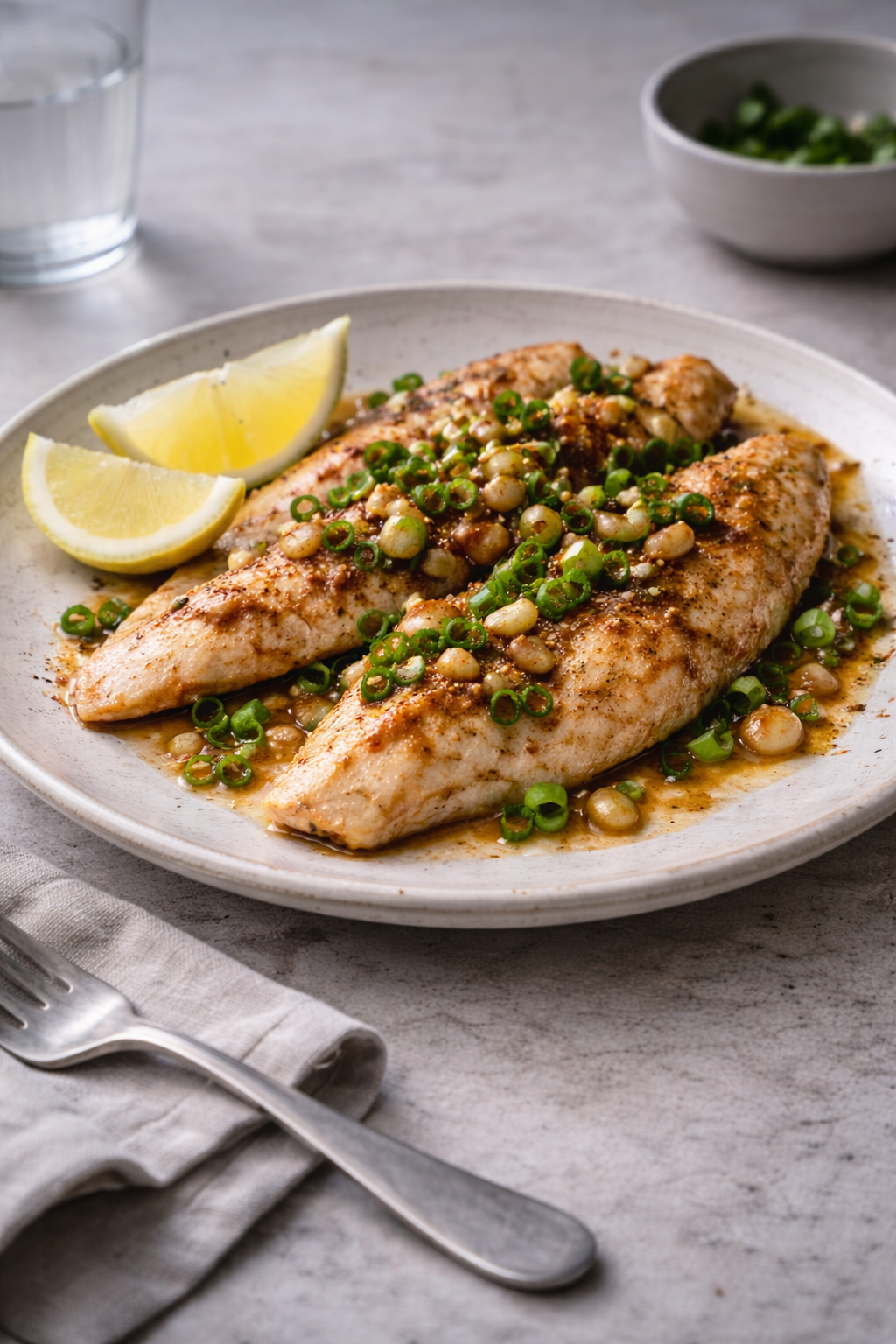 Pan-fried white fish with garlic paprika butter and spring onions