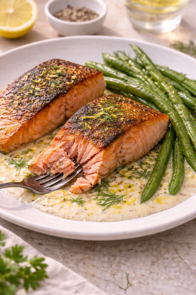 pan seared salmon cut open showing flaky tender inside served with lemon cream sauce and green beans