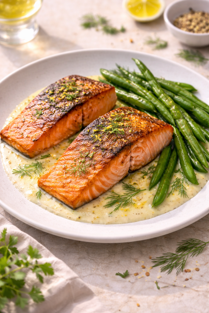 pan seared salmon with lemon cream sauce and green beans