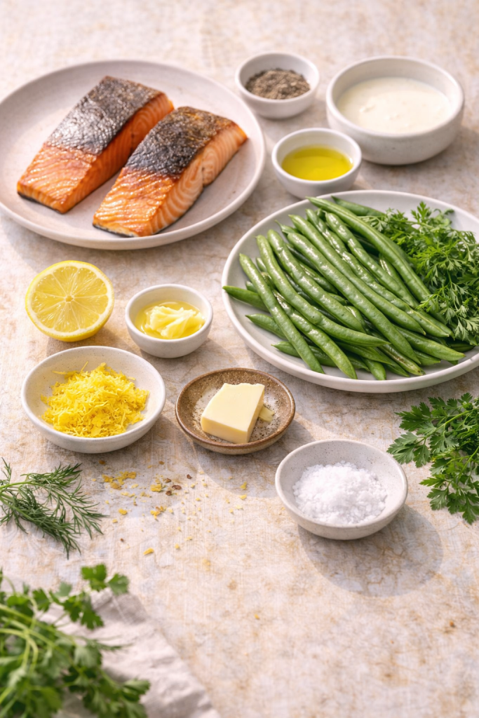ingredients for pan seared salmon with lemon cream sauce and green beans arranged on a light wooden table