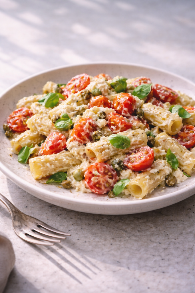 Creamy pasta with ricotta, cherry tomatoes, and capers served simply on a plate