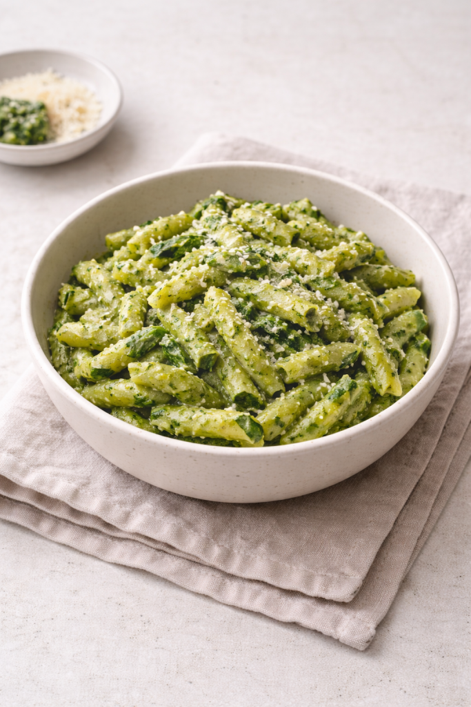 Pasta coated with simple spinach pesto served in a neutral bowl with natural light